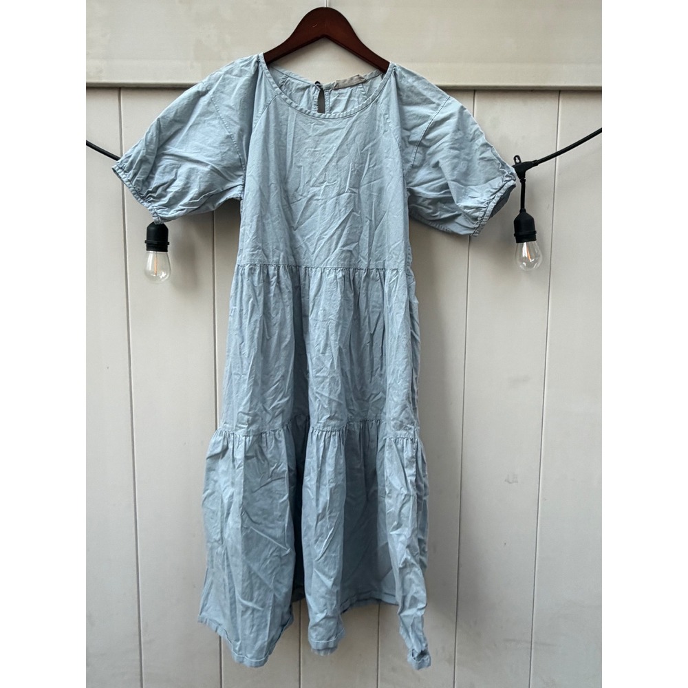 Everlane Light Blue Cotton Poplin Tiered Midi Dress Puff Sleeve XS